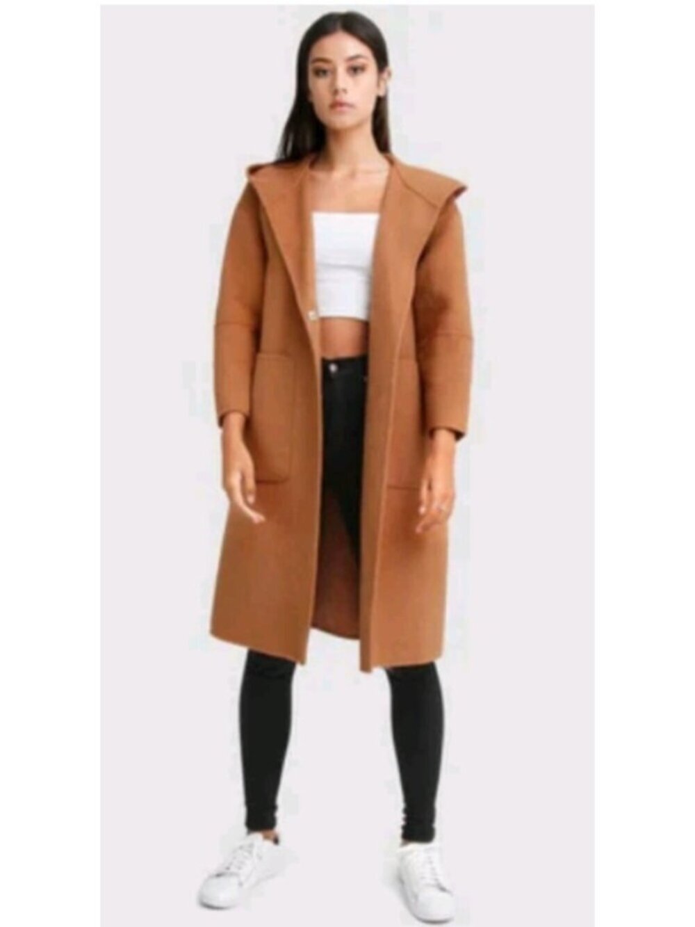 Belle & Bloom Hooded Wool Blend Coat Camel Brown Oversized Long Jacket AU Style